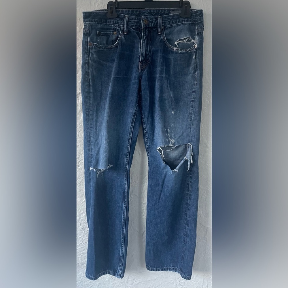 Bonobos mid wash, mid rise straight leg distressed, ripped denim jeans; 33 x 30